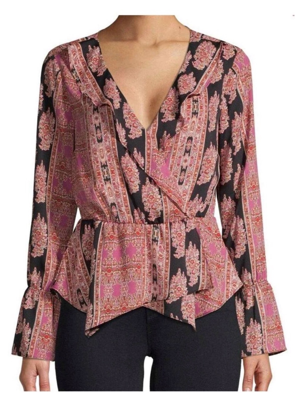 BCBGMaxAzria Pink and Black Paisley Surplice Peplum Blouse